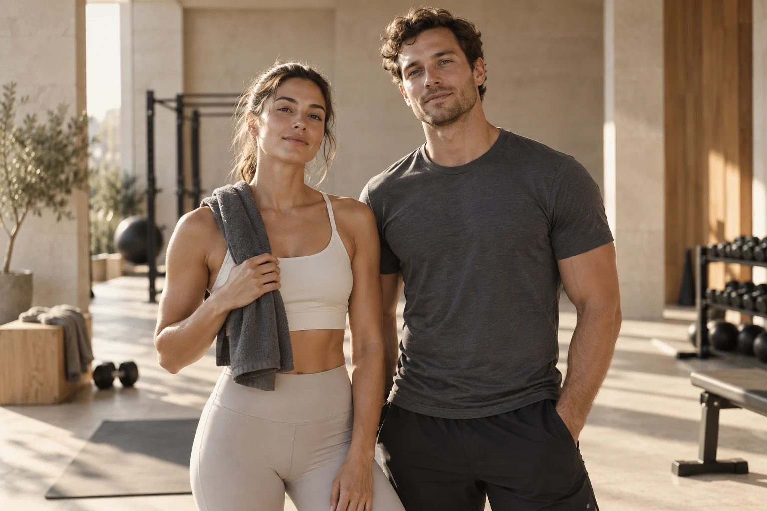 Athletische Frau und athletischer Mann in einem hellen Trainingsstudio