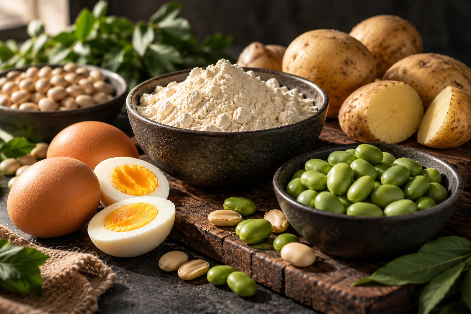 Eier, Ackerbohnen, Kartoffeln und Proteinpulver als Proteinquellen und Rohstoffe