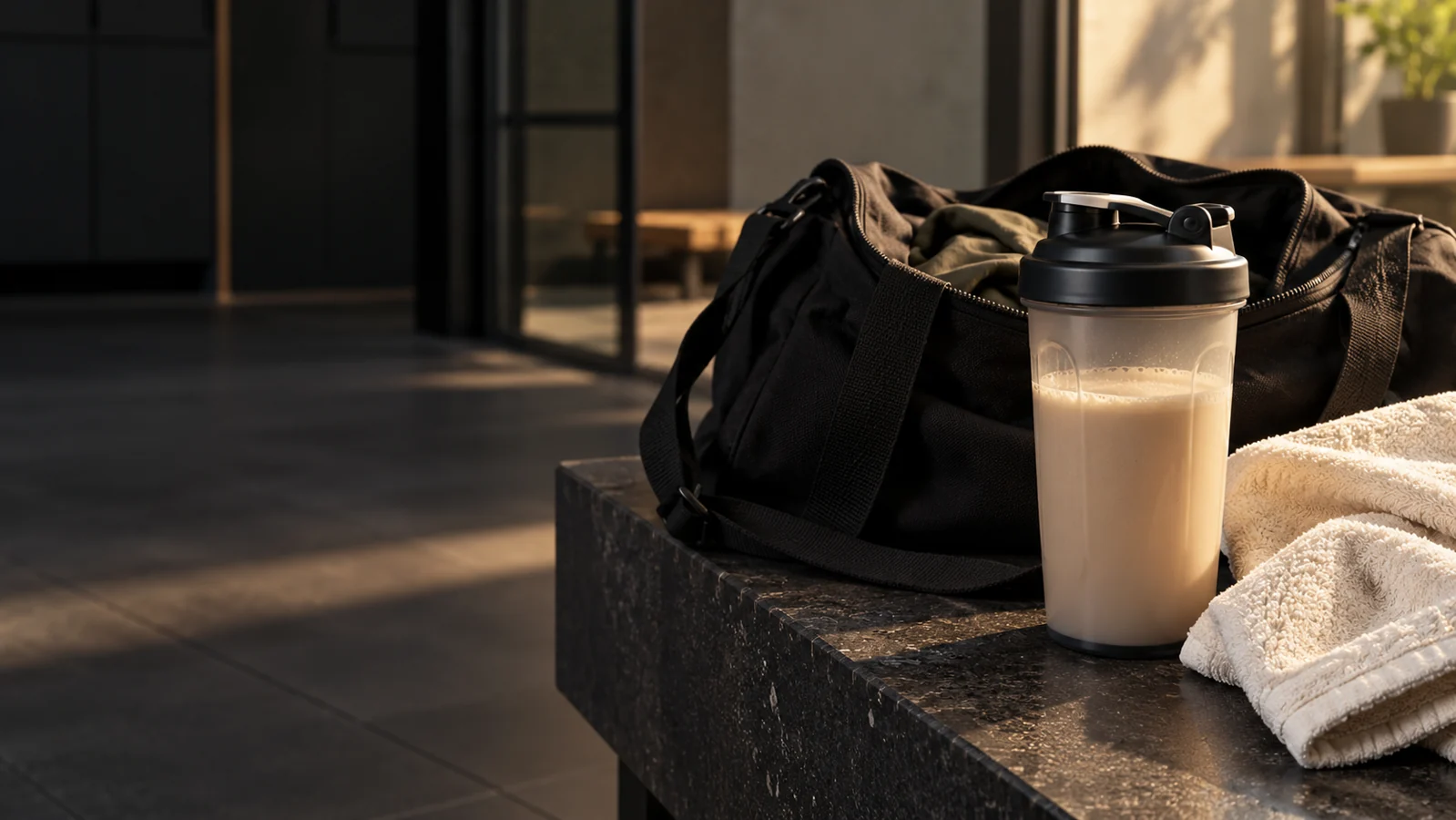 Shaker mit Proteinshake neben einer Sporttasche und einem Handtuch nach dem Training