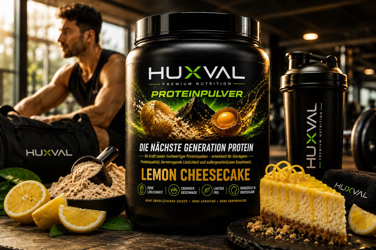 HUXVAL Protein Lemon Cheesecake mit Dose, Shaker und Zutaten